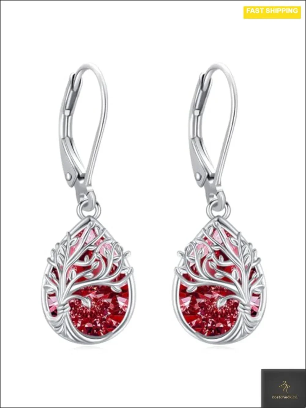 925 Sterling Silver Garnet Teardrop Tree of Life Dangle Earrings